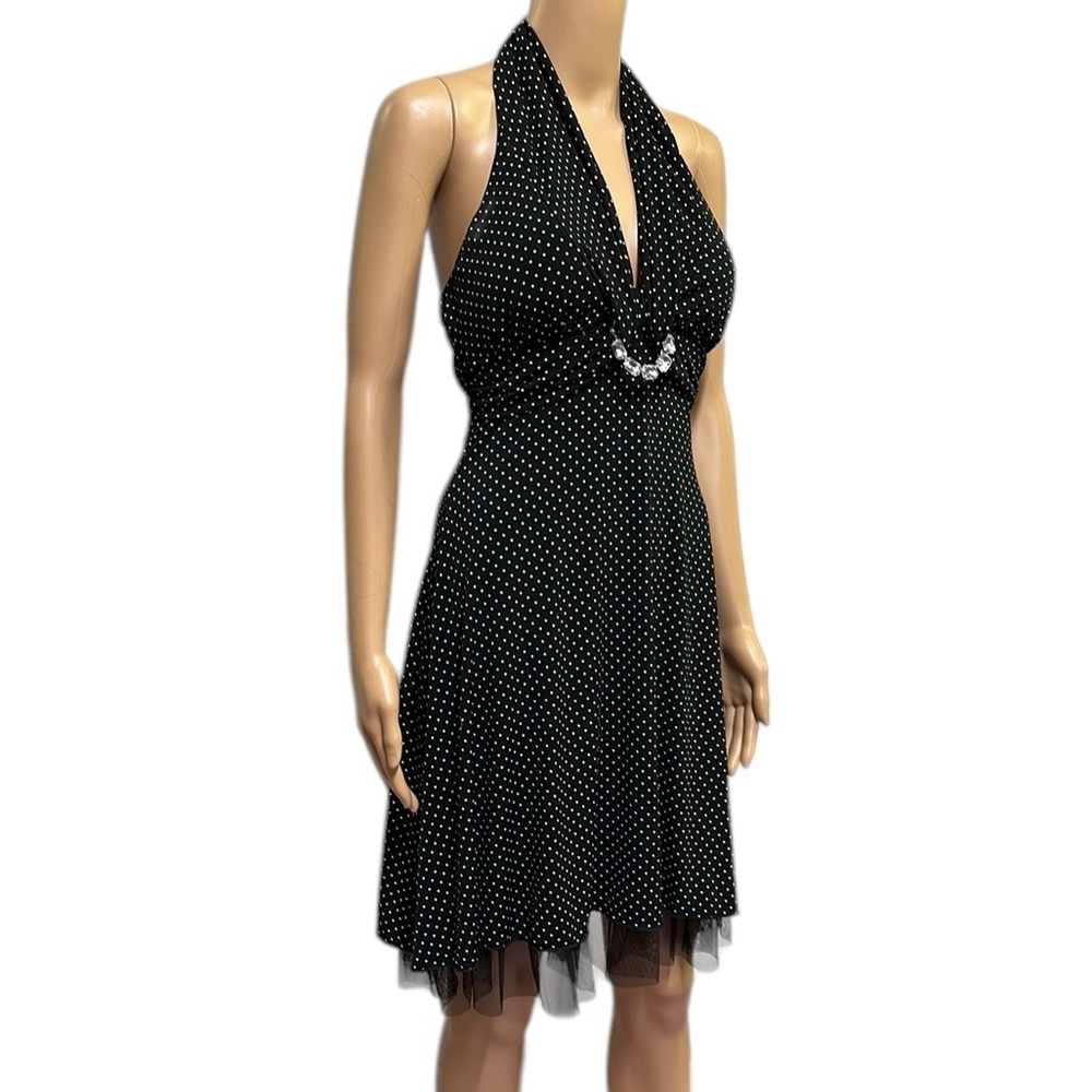 My Michelle Black White Polka Dot Halter Padded Breast Midi Dress Womens Small - Picture 2 of 14